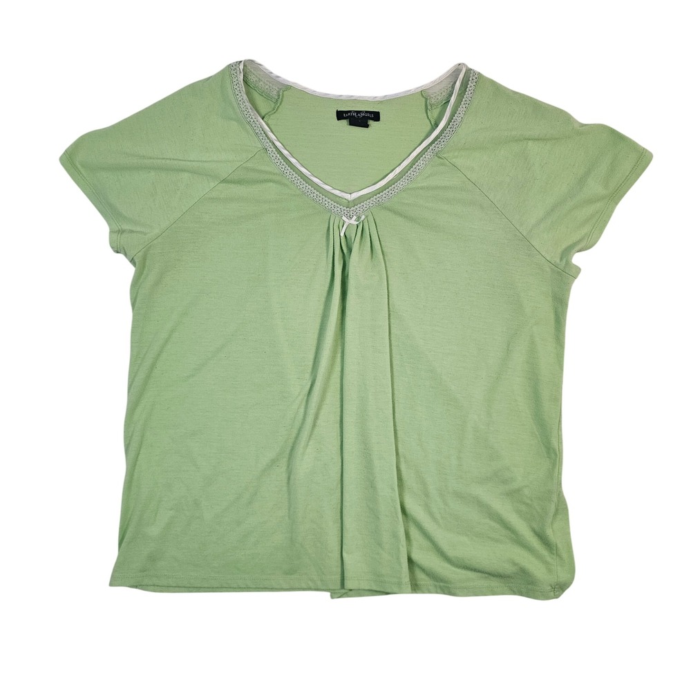 Earth Angels Sage‎ Green Lace Trim V-Neck Bow Top XXL Short Sleeve Raglan Blouse